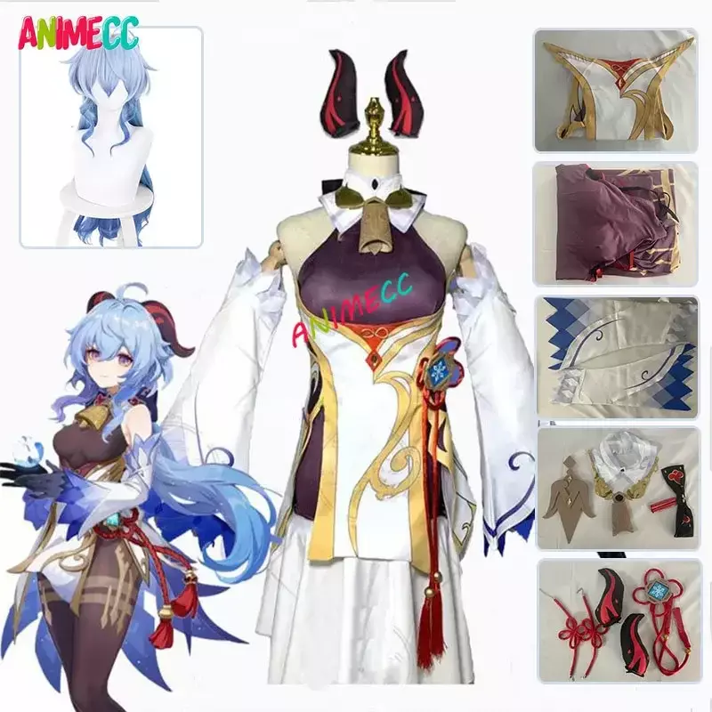 ANIMECC in Stock Ganyu Genshin Impact Gan Yu Cosplay Costume Wig Horns Anime Game Sexy Jumpsuit Halloween Party Outfit for Women