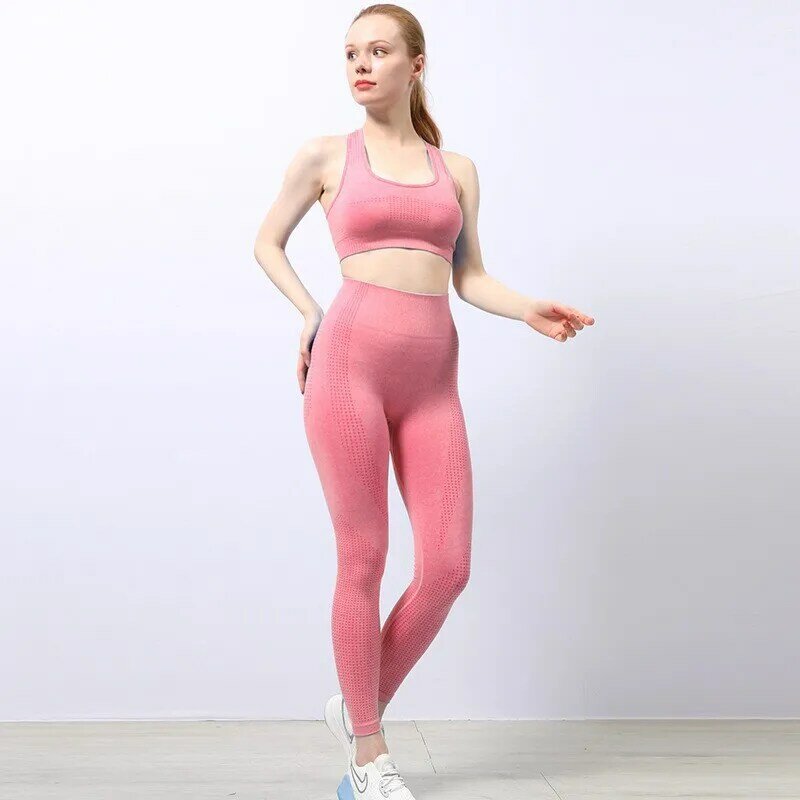 Leggings de cintura alta e roupas Yoga de 2 peças para mulheres, fitness sem costura, roupas de treino, roupas de ginástica, roupas de treino