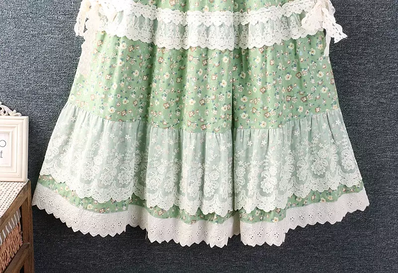 Wiosna lato styl Mori Girl kwiatowy nadruk urocza koronka naszywane patchworkowe spódnica kobiety elastyczna talia Retro Vintage bawełniane lniane spódnice