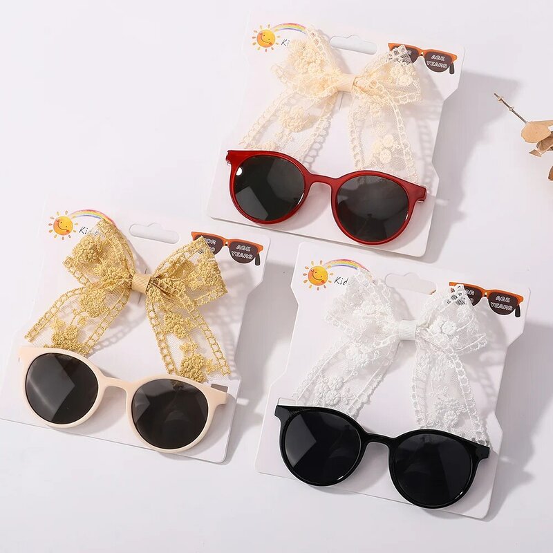 2Pcs Kids Lace Bows Hairpin Sunglasses Set Girls Beach Photography Props Toddler Hair Bands Headwear Baby Hair Accessories Gifts
