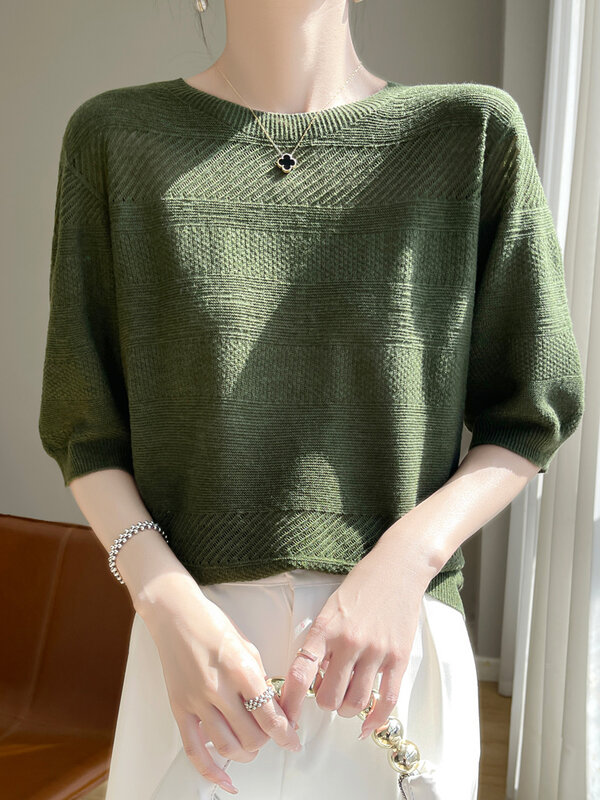Baru Chic wanita setengah lengan O-neck berongga wol Pullover Sweater kantor wanita Grace T-shirt 30% Merino wol rajut atasan Korea