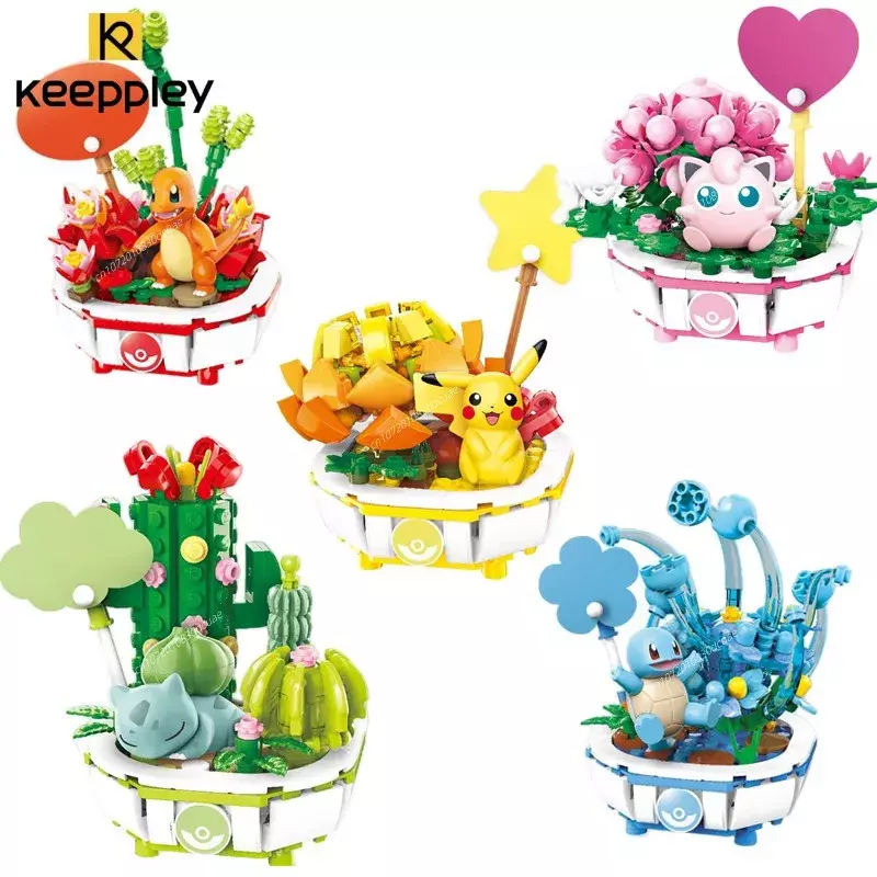 Keeppley-Jouet modèle Pokemon pour enfants, Pikachu, Salamèche, SLaura, Décoration d'intérieur, Plante en pot, Fleur, Brique, Cadeau, Nuit de construction