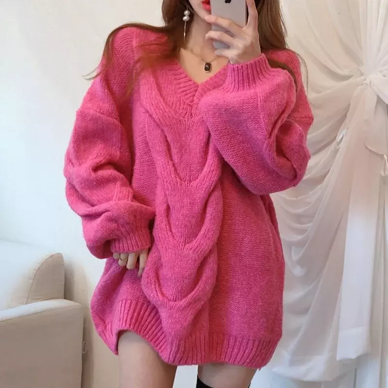 Sweter damski koreański, jesienny modny z dekoltem w serek luźny wzór z konopi luźny sweter z długim rękawem