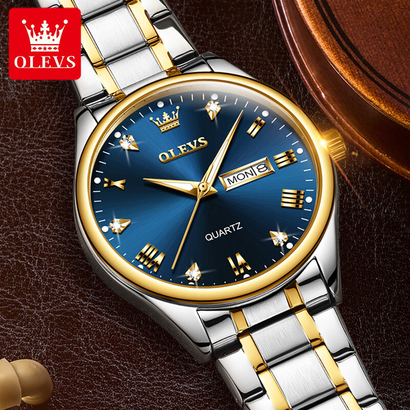 OLevs นาฬิกาควอทซ์แฟชั่นบลูสำหรับผู้ชาย, นาฬิกาสแตนเลสกันน้ำเรืองแสงนับสัปดาห์นาฬิกาข้อมือแบรนด์หรูชั้นนำ