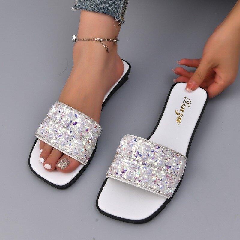 Summer Fashion Women's Slippers Small Pearl Decoration New 2024 Hot Sale Outdoor Casual Comfortable Flat Bottom Female Slippers