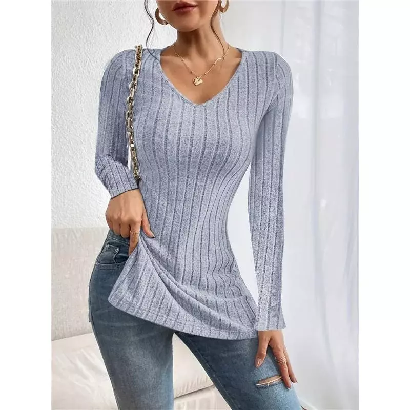 Autumn and Winter Women's Solid Colour Big Size Tops V-Neck Long Sleeve Pit Stripe Milled Causal Loose Female T-Shirt