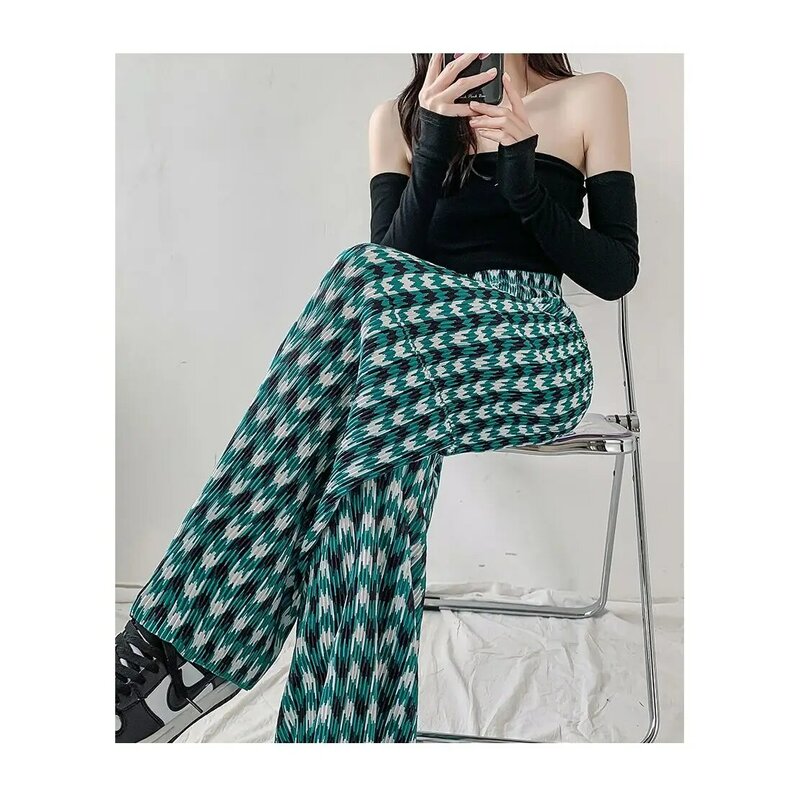 Primavera moda plissado solto cintura elástica perna larga roupas femininas xadrez coreano calças de cintura alta feminina calças na moda