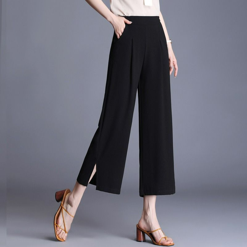 Celana panjang kaki lebar wanita, Bawahan longgar mode bunga terkotak pinggang tinggi elastis saku Korea ukuran besar cetak tipis musim panas