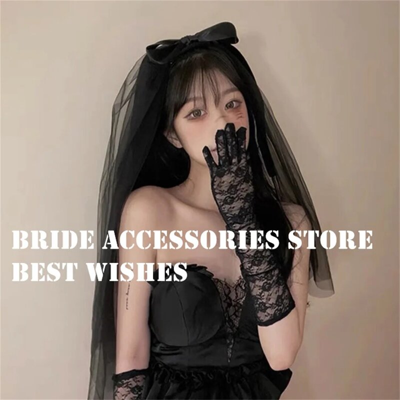 Vintage Black Bow Veil Birthday Net Veil Goth Wedding Dress Headdress lolita Female Photo Shoot Halloween