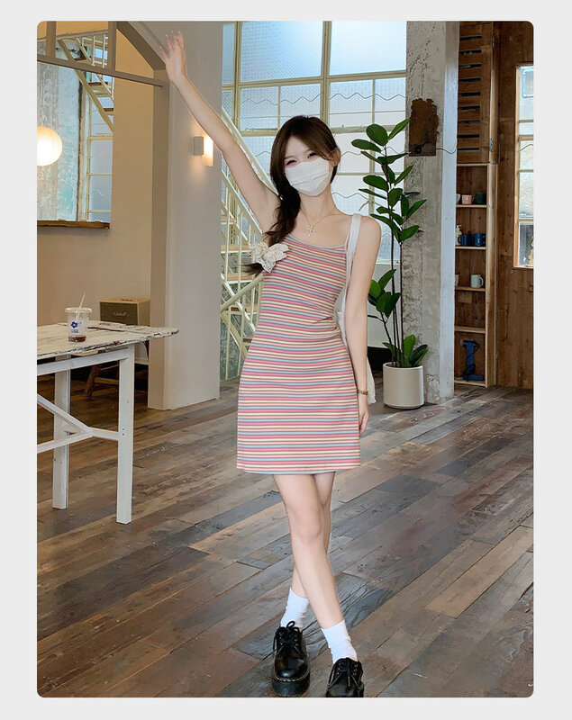 2024 Spring/Summer New Rainbow Strap First Love Style Printed Stripe Skirt Slim Fit Strap Versatile Dress