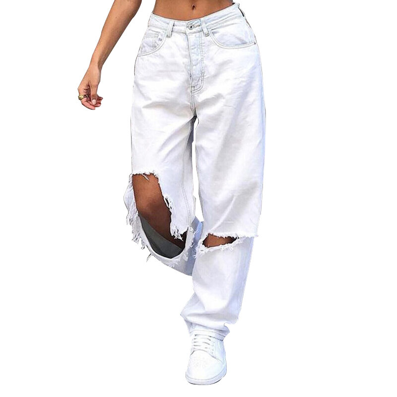 Podarte dżinsy z wysokim stanem damskie letnie cienkie proste nogawki luźne 2024 nowy szczupły szerokie nogawki drapujące spodnie do wycieraczki białe spodnie