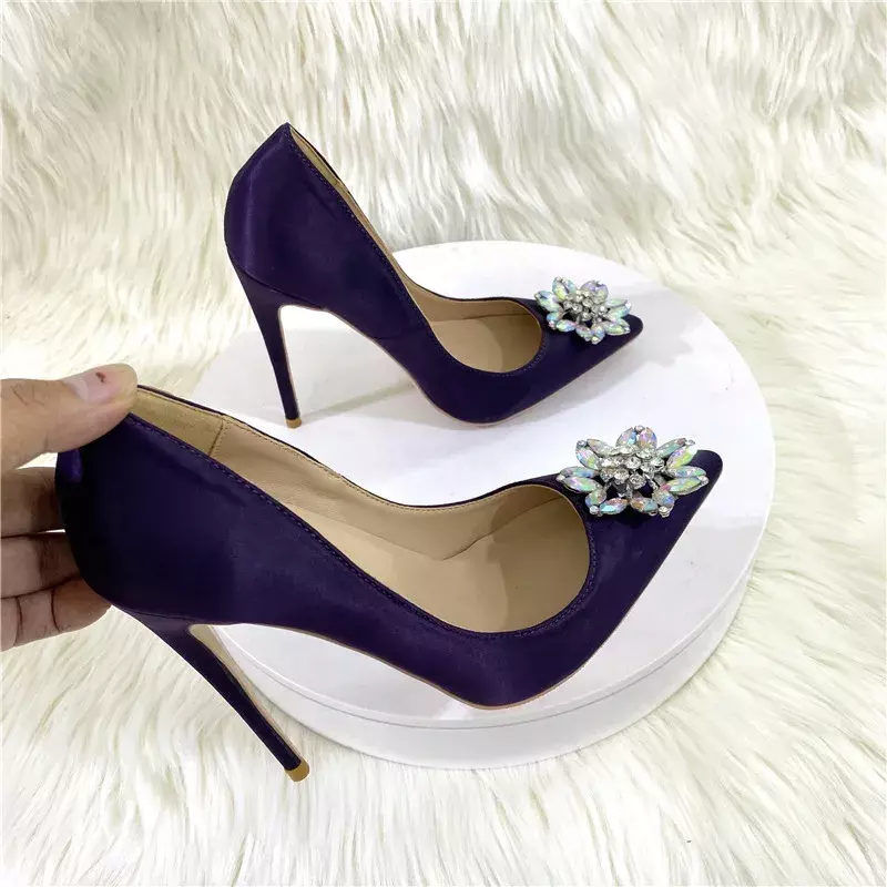 Tacones altos de seda púrpura para mujer, zapatos de fiesta, clubes nocturnos, hebilla cuadrada de diamante brillante, zapatos individuales de satén negro, 12cm