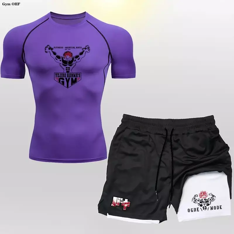 Setelan kompresi celana pendek Anime 2 in 1 pakaian olahraga pria pakaian latihan Gym olahraga Jogging olahraga lari Set Rashguard MMA