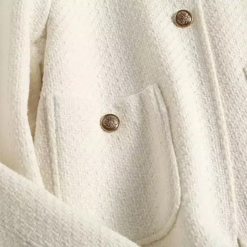 Casaco curto de botão dourado feminino, manga comprida, bolso duplo, casaco chique feminino, moda retrô, novo temperamento, 2023