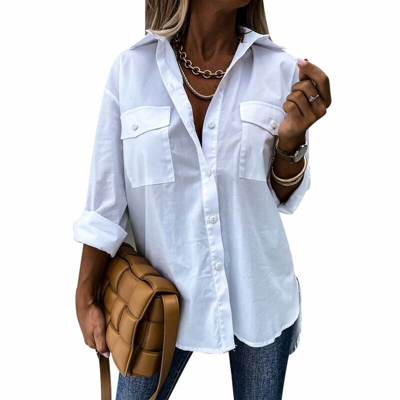 Camisa de botões largos para mulheres, manga longa, blusa lisa, tops casuais para senhoras