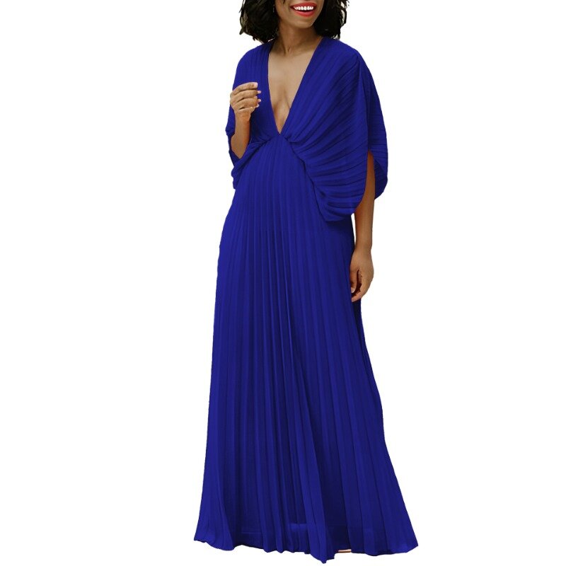 Bat Sleeve V-neck African Pleated Dresses For Women 2024 Summer Long Dress Plus Size Clothing Party Robe Femmes African Clothes