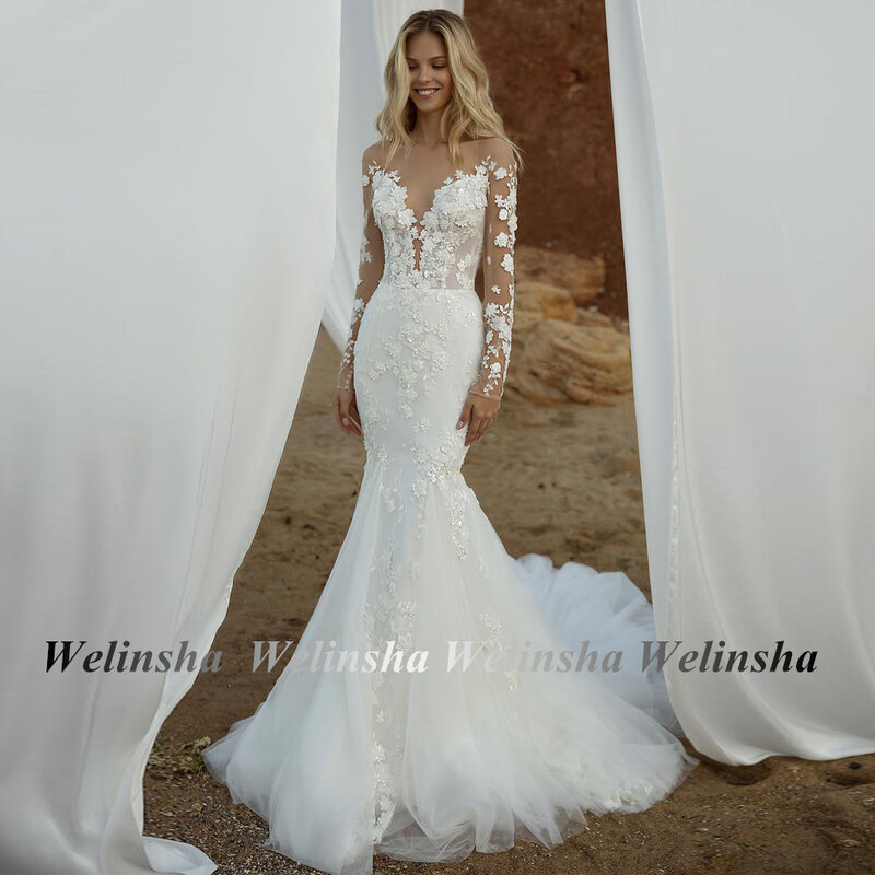 Элегантное свадебное платье-русалка, съемная юбка из тюля, иллюзия, длинные рукава, Глубокий круглый вырез, блестящая аппликация, со шлейфом