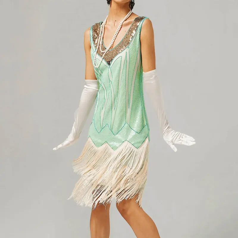 New V Neck Sequined Fringed Tassels Great Gatsby Dresses Summer Women Vintage Dress Cocktail Prom Party 1920s 30S Flapper Dress