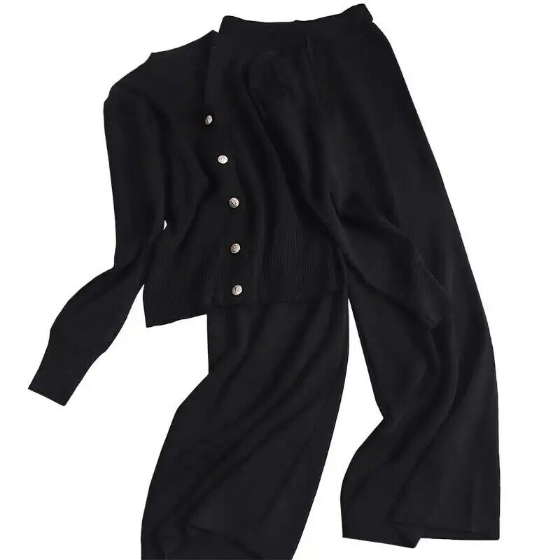 Женский Повседневный трикотажный комплект, однобортный трикотажный пиджак с V-образным вырезом и длинными рукавами, брюки с широкими штанинами и высокой талией на завязках, весна-осень