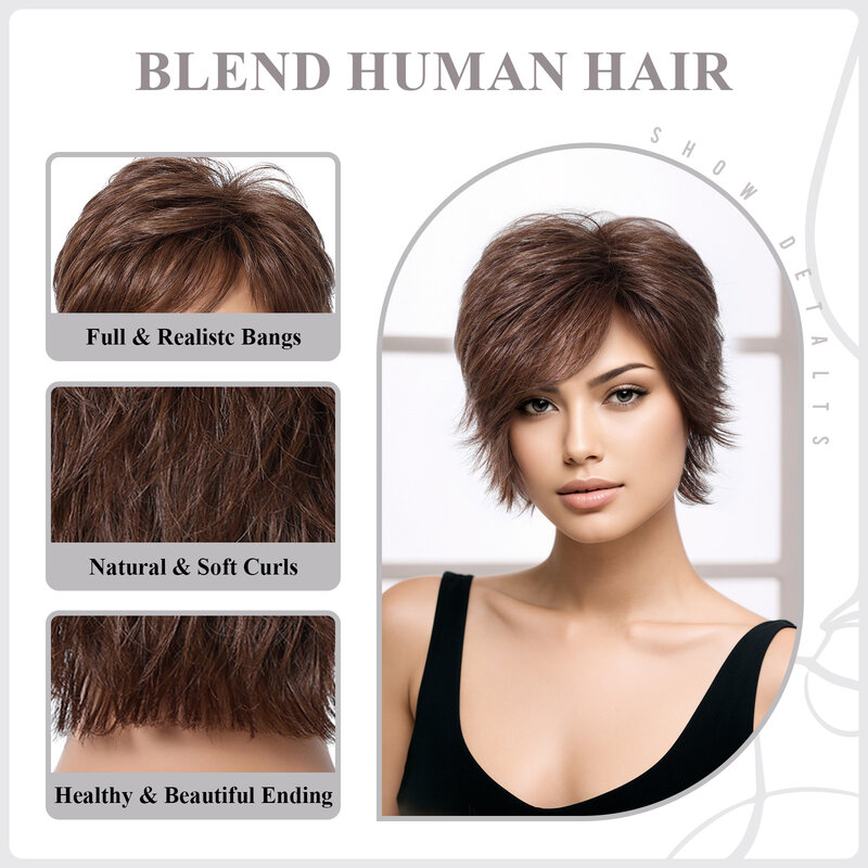 Human Hair Mix Pruik Korte Pixie Cut Bruine Natuurlijke Golvende 30% Mix Menselijk Haar Gelaagde Stijl Pruiken Voor Zwarte Vrouwen Afro Dagelijks Gebruik