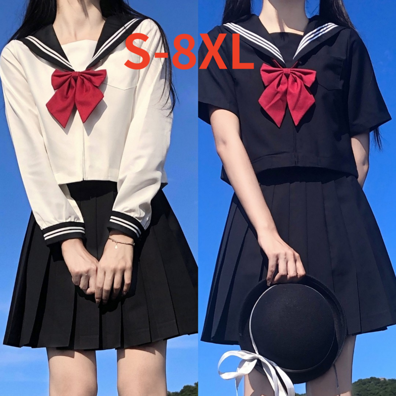 Japanse Schooluniform Meisjes S-8XL Plus Size Jk Pak Wit Twee Zwart Drie Basic Matroos Uniform Dames Lange Mouw Pak