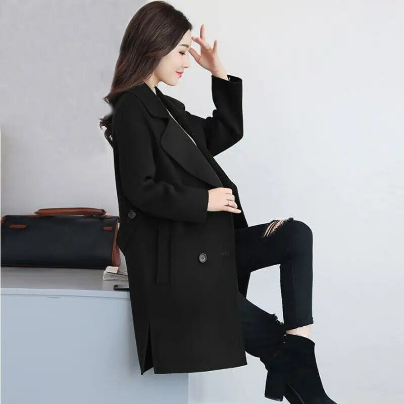 Casual Loose Fashion Belted Winter Jacket Women Double Breasted Windbreaker Outerwear  Overcoat Solid Female V9