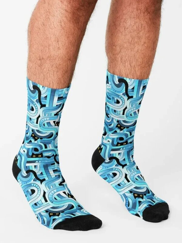 Geo Cats Maze in Blue, Black and White Socks gym christmass gift Rugby Socks Woman Men's
