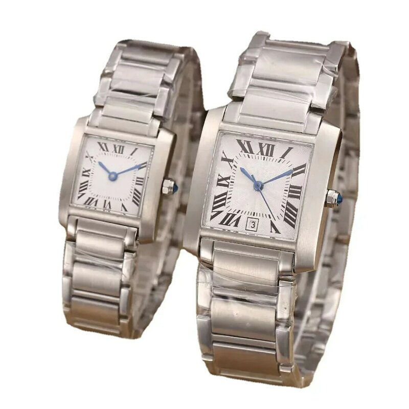 Relógio de quartzo quadrado em aço inoxidável para homens e mulheres, pulseira esportiva luxuosa, Roma Dial, prata