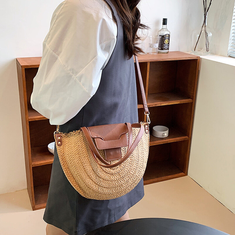 2023 Women Summer Straw Bag Woven Beach Shoulder Bags Casual Designer Saddle Shopper Totes Female Large Capacity Travel Handbag