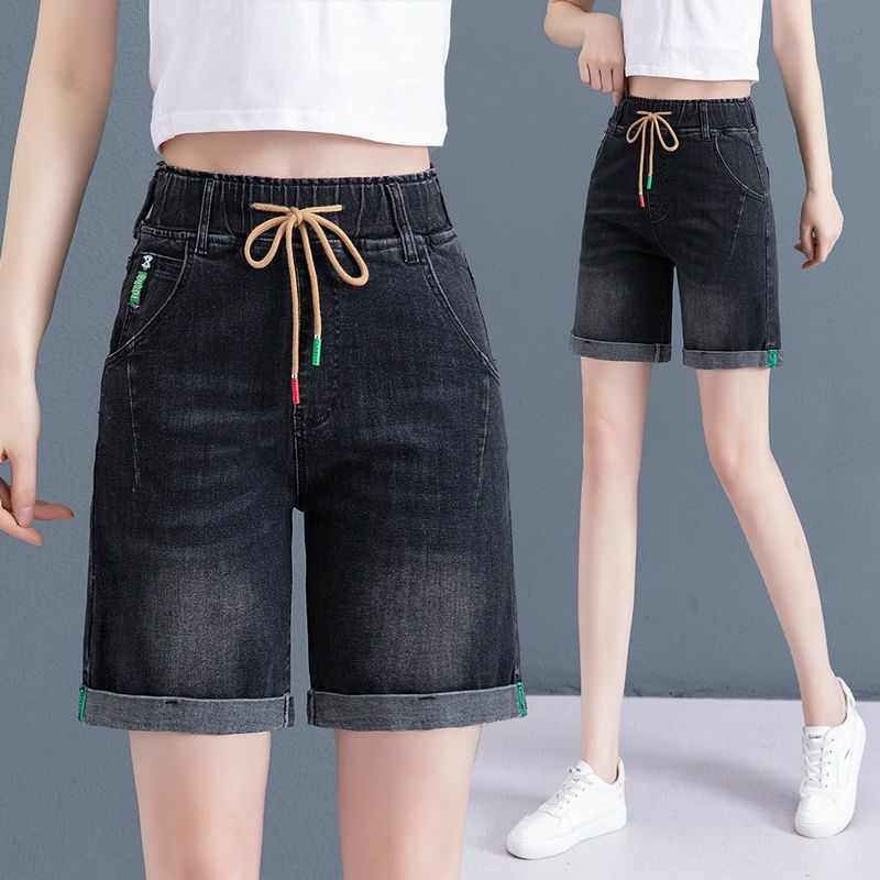 Summer new oversized elastic waist denim loose straight leg thin high waist wide leg shorts