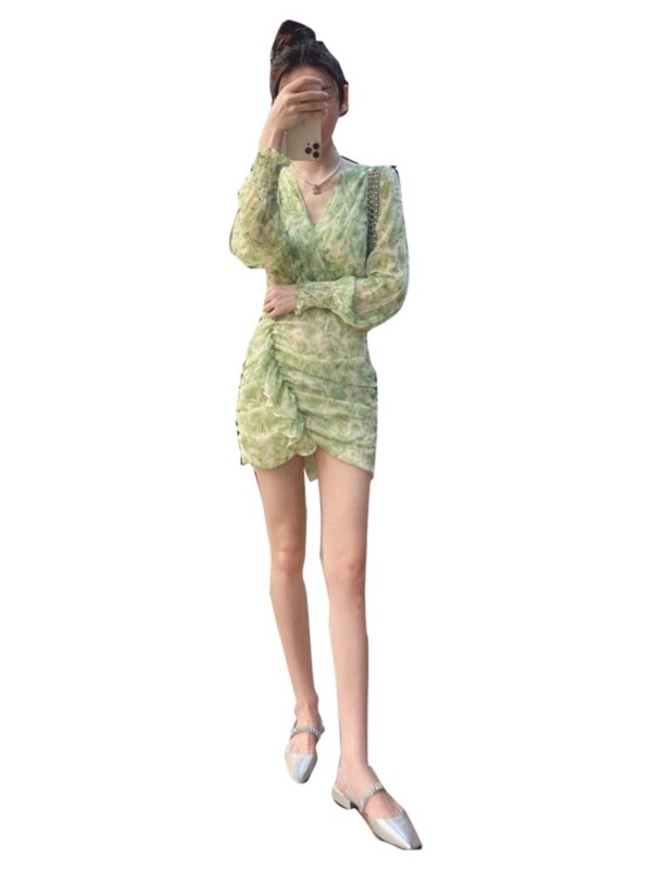 استراحة الشاي الفرنسية فستان مرتجف أخضر للنساء ، درجة عالية ، الحب الأول ، لطيف ، نمط كلاسيكي ، جديد