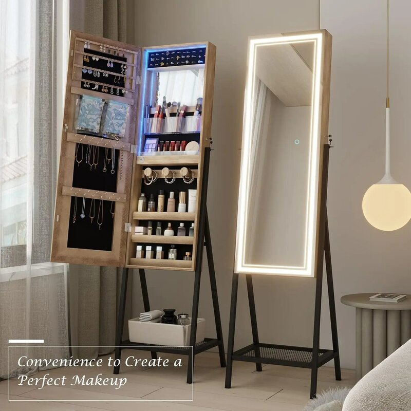 Vlsrka specchio portagioie in piedi con LED, specchio per gioielli a figura intera con specchio e luci per il trucco incorporati