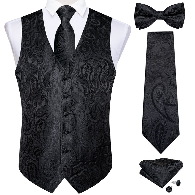 الرجال الأسود بيزلي سترة ربطة العنق ربطة العنق جيب ساحة أزرار أكمام فستان مجموعة كلاسيكي 5 قطعة الأعمال صدرية للرجل