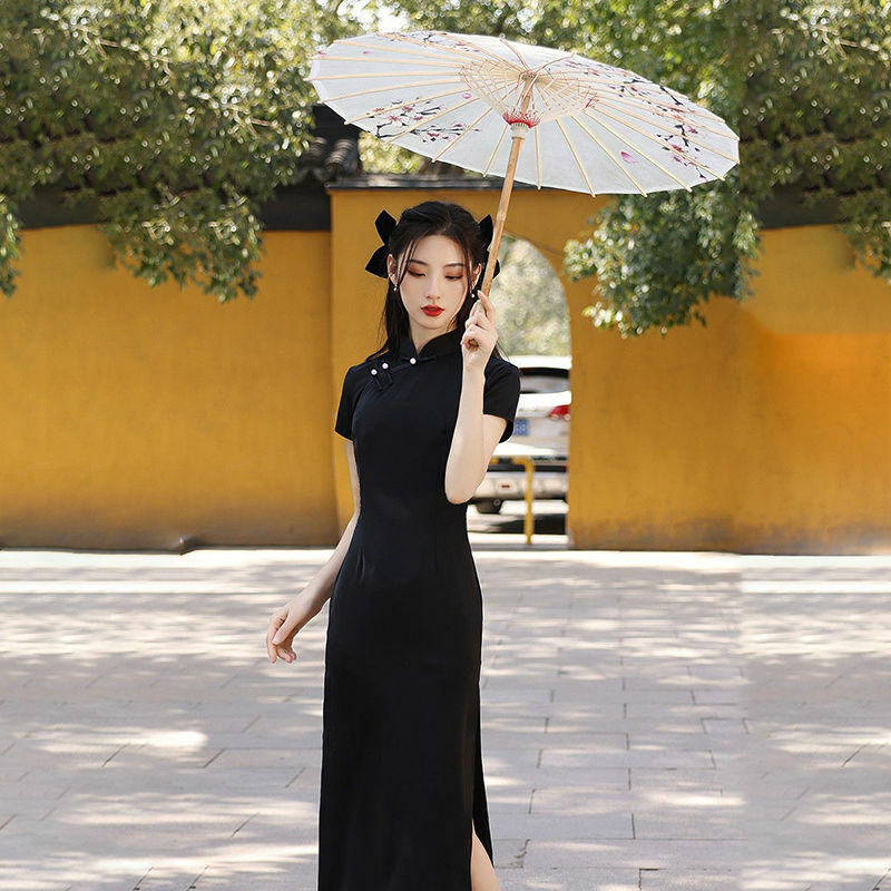 Jubah wanita, Modern, hitam, ramping panjang, Cheongsam tradisional Harajuku Hanfu, Vintage, Vestido Mujer, gaun Tiongkok Qipao