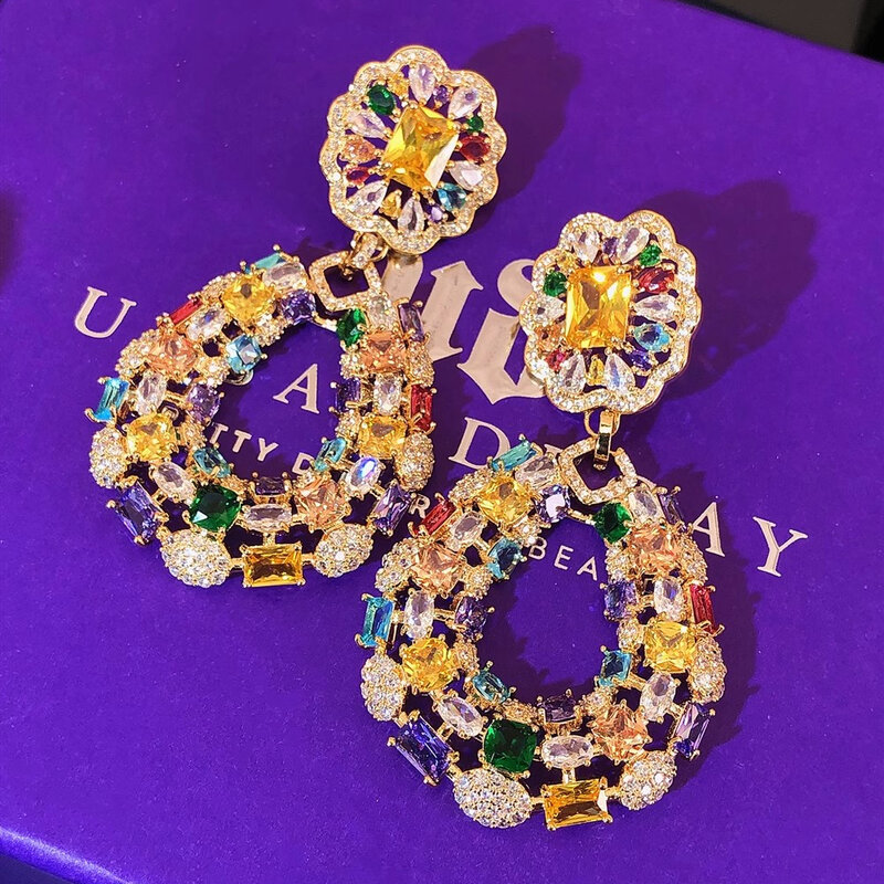 Kolorowa cyrkonia światło w kształcie kwiatów luksusowa Temperament modne kolczyki biżuteria
