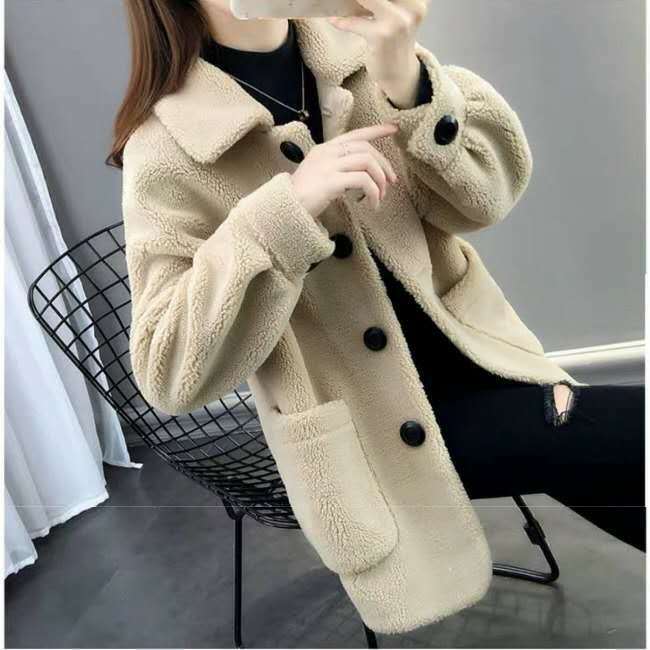 Imitação de cordeiro grão lã casaco cardigan moda versão coreana tendência solta ovelha corte de pele