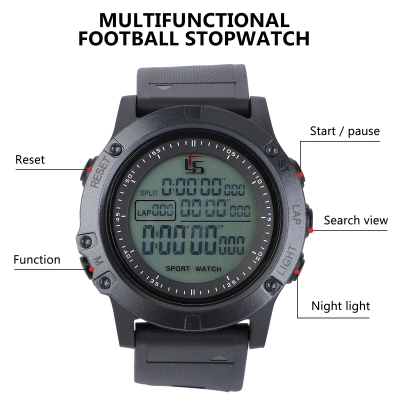 Jam tangan multifungsi, jam tangan wasit sepak bola Stopwatch Timer kronograf hitung mundur klub sepak bola (hitam)