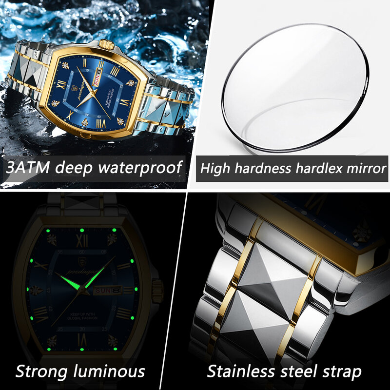 Poedagar Luxe Roestvrijstalen Horloges Voor Man Lichtgevende Waterdichte Date Week Mannen Horloge Tonneau Case Heren Quartz Horloges Reloj