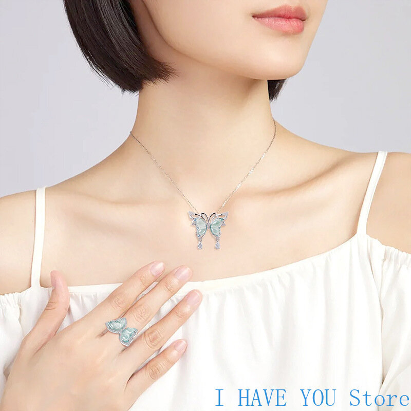 Anillo de plata S925 con colgante de Jade para mujer, conjunto de accesorios de joyería, collar, mariposa, Agua Azul, auténtico, nuevo