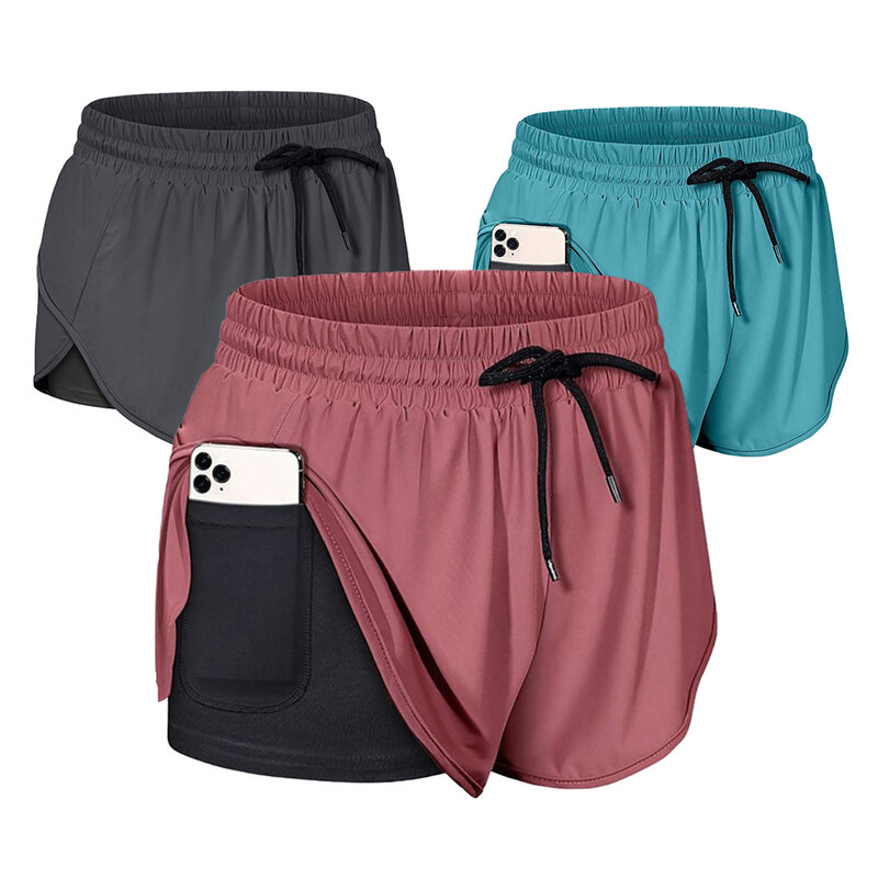 Pantalones cortos de secado rápido 2 en 1 para mujer, Shorts de entrenamiento de doble capa con bolsillos, pantalones cortos de Yoga atléticos, pantalones cortos deportivos para gimnasio