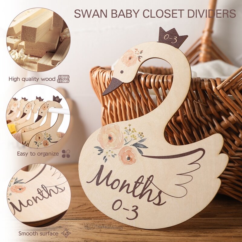 Newborn 24 Months Baby Closet Dividers Wooden Cartoon Swan Nursery Clothes Organizers Wardrobe Monthly Growth Recording Cards