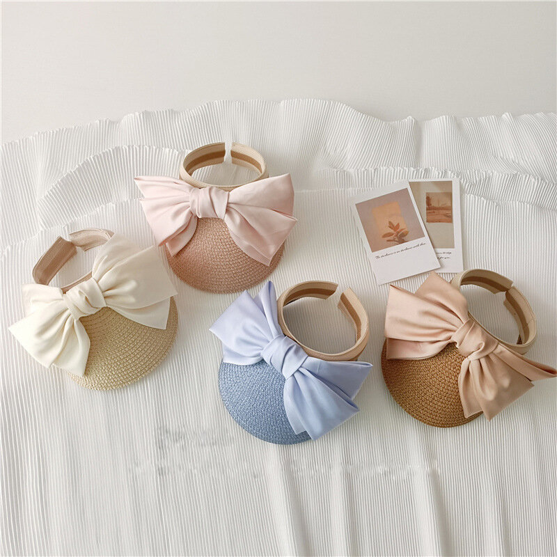 Chic Style Ribbon Big Bow Sunhat Children's Empty Top Hat Mother‘s Hat Family Match Cap Holiday Outing Beach Hat Wheat Straw Cap