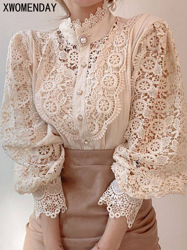 Camisa de cuello alto con boton de gasa para mujer, elegantes chic, de encaje floral, mullido, de manga larga, blusa blanca de gran tamaño hueca a la moda 2024