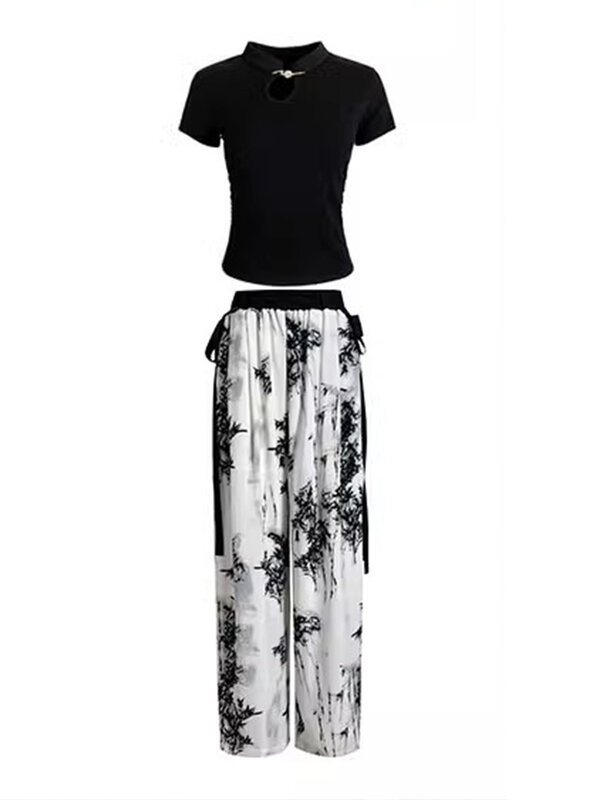 중국 스타일 캐주얼 반팔 세트, 슬림 티셔츠 상의 + 꽃무늬 와이드 레그 팬츠, 2 종 세트, 여성 복장, 2024 여름