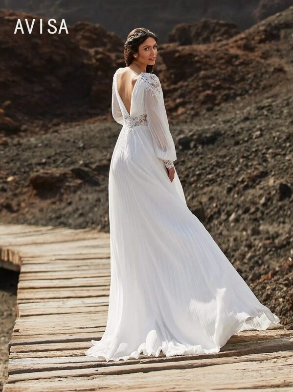 Женское свадебное платье It's yiiya, белое шифоновое платье А-силуэта с длинными рукавами и глубоким V-образным вырезом на лето 2024