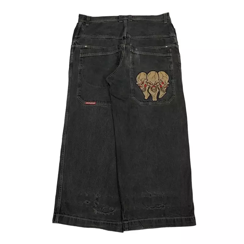 Y2K Celana Jeans untuk wanita, celana jins longgar motif tengkorak Retro, celana jins warna hitam Punk Rock Hip Hop Gothic, celana panjang kaki lebar Streetwear untuk wanita