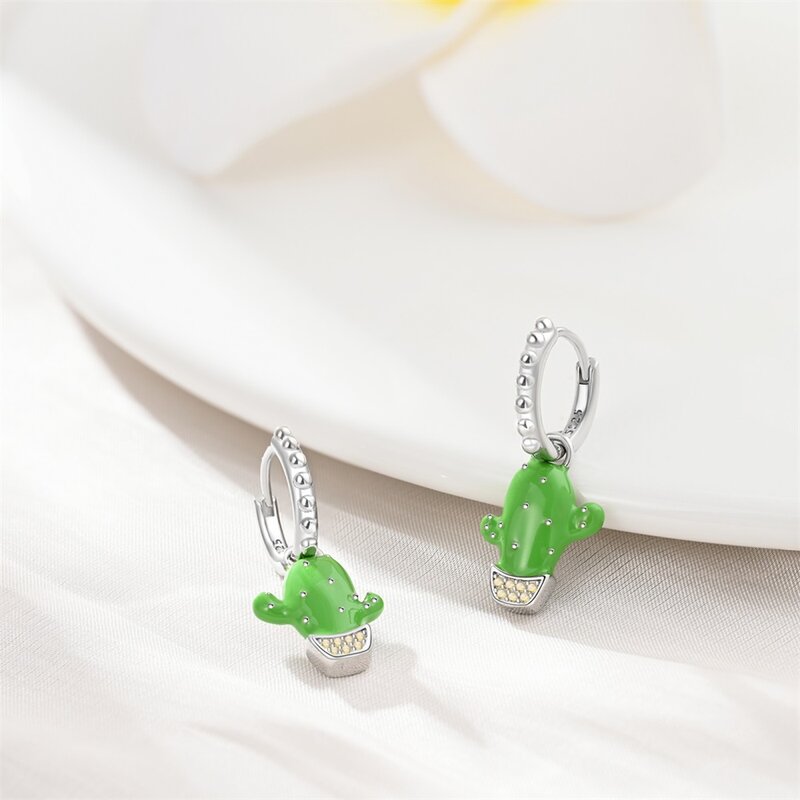 Unique 925 Sterling Silver Green Cactus Potted Earrings For Women's Exquisite Daily Jewelry Accessories