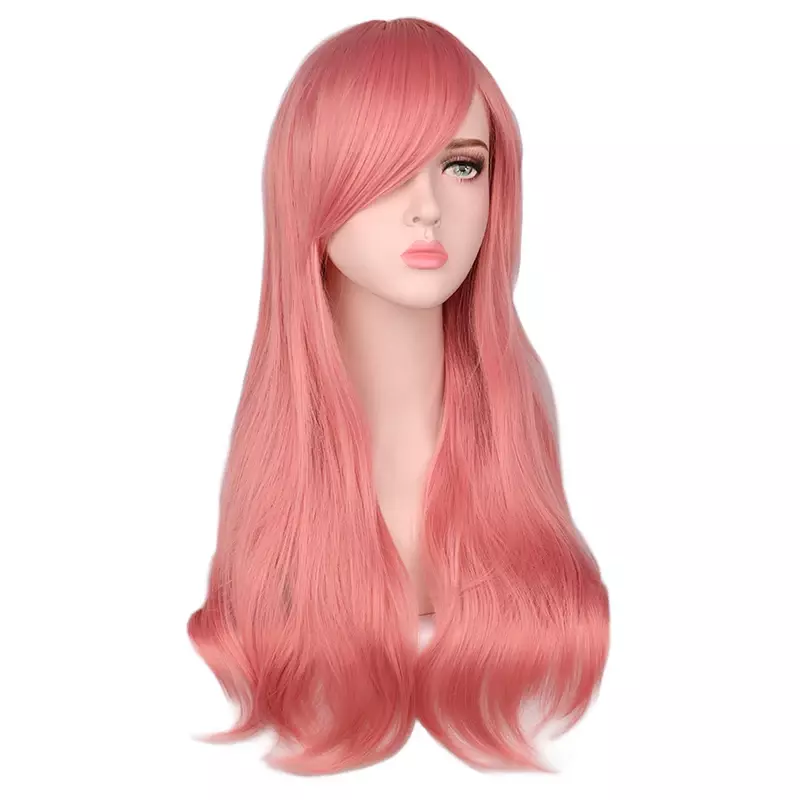 QQXCAIW Wig Cosplay bergelombang panjang wanita Wig merah mawar merah muda hitam biru perak abu-abu cokelat suhu Wig rambut sintetis