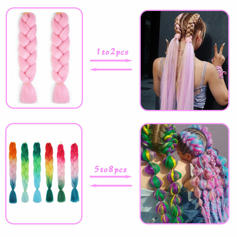 AZQUEEN rambut kepang sintetis 24 inci untuk wanita, rambut sambungan Jumbo Ombre, kepang sintetis DIY warna merah muda ungu kuning