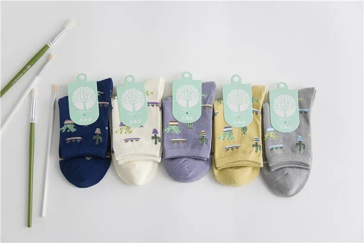 Womens Mid Length Socks Cotton Socks Girls Medium Length Socks Korean Version Plain Color Fresh Cactus All Cotton Breathable